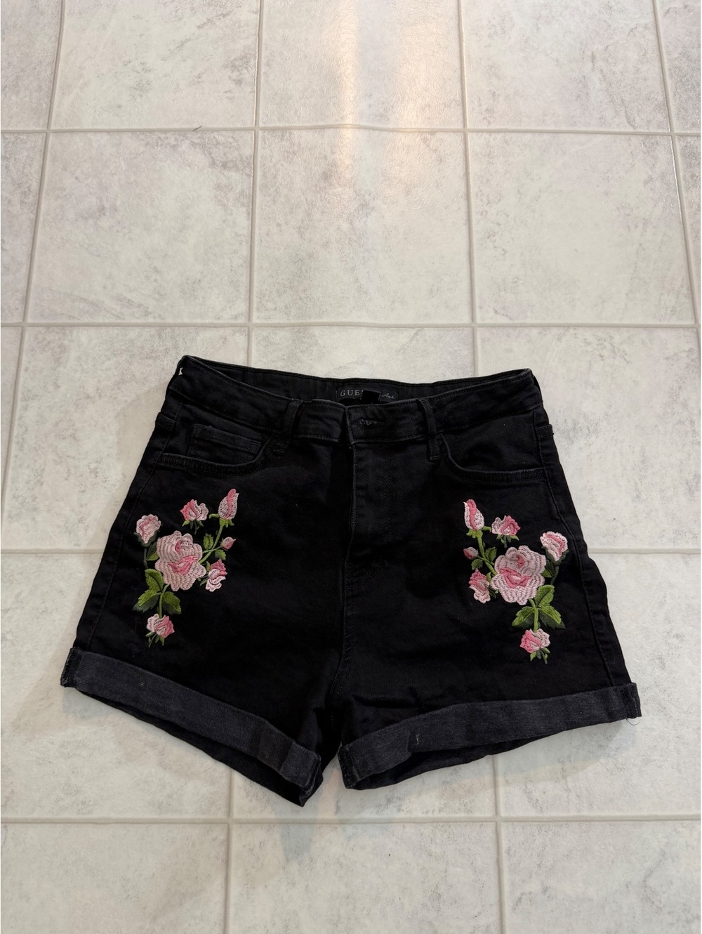 Guess Black Denim Shorts with Pink Rose Embroidery Size 29
